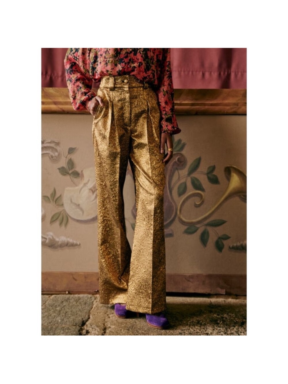 Sezane Gold Metallic Wide-Leg Trousers